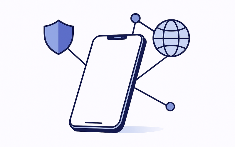 An iPhone with separate visual paths for a VPN connection, a privacy relay, and the internet