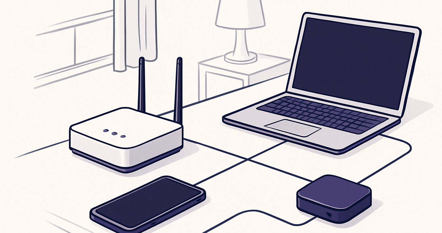 Compact travel router connecting personal devices to hotel Wi-Fi in a hotel room
