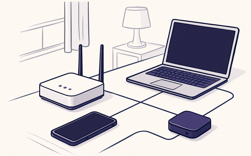 Compact travel router connecting personal devices to hotel Wi-Fi in a hotel room