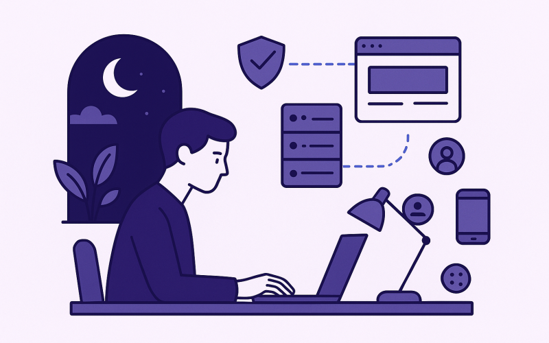 Person browsing privately on a laptop while a shielded connection travels through a VPN server