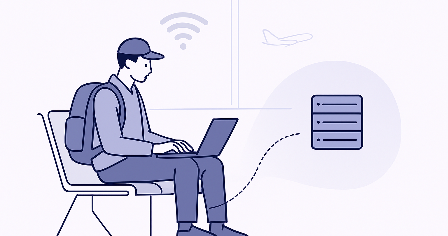 Traveler using a laptop safely on airport public Wi-Fi