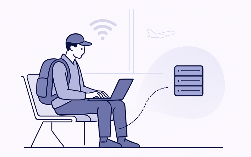 Traveler using a laptop safely on airport public Wi-Fi