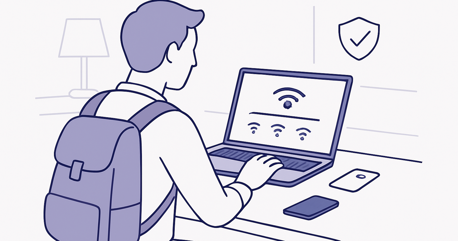 Traveler checking a hotel Wi-Fi network on a laptop before connecting