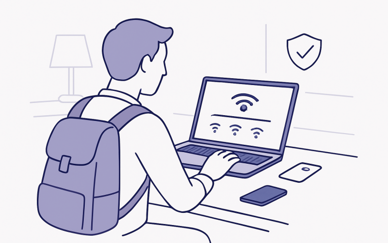 Traveler checking a hotel Wi-Fi network on a laptop before connecting