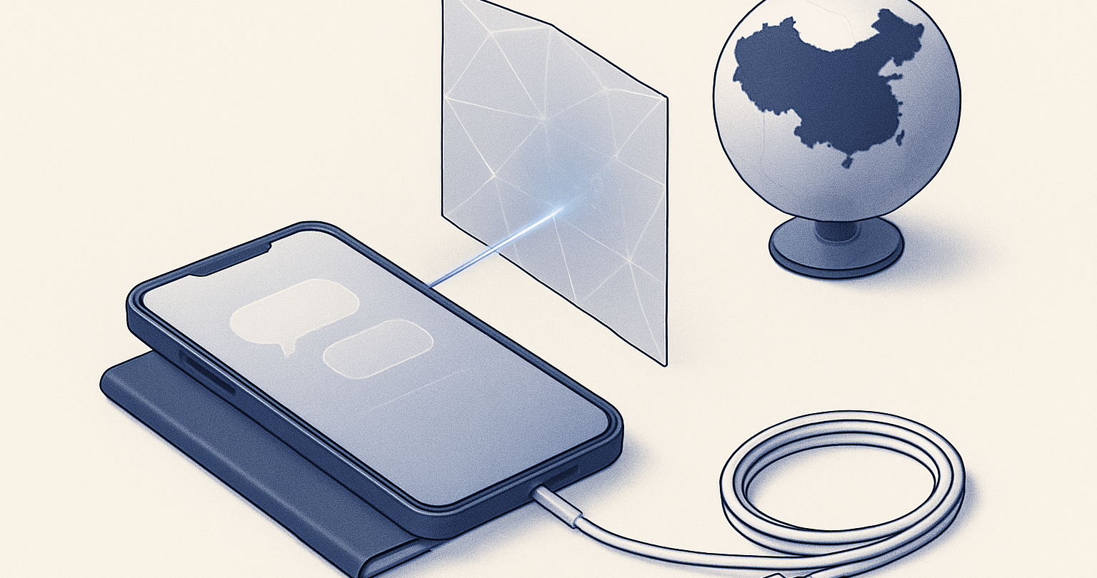 Phone, travel documents, and network route symbols illustrating WhatsApp travel preparation for mainland China