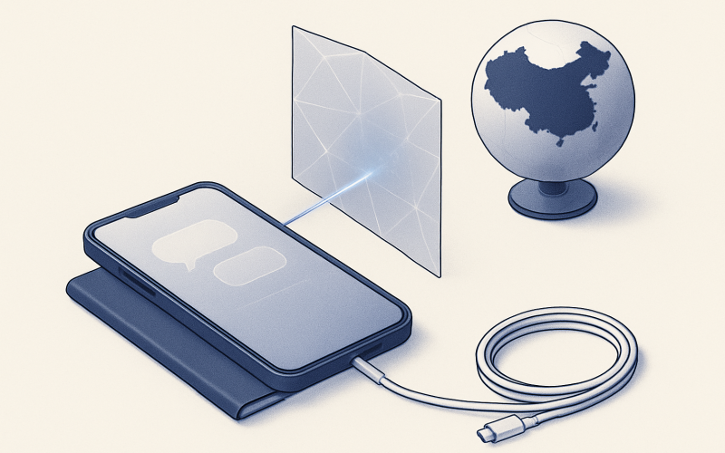 Phone, travel documents, and network route symbols illustrating WhatsApp travel preparation for mainland China
