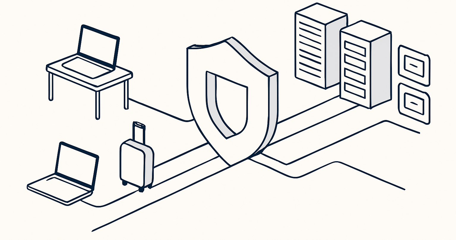 Remote employee connecting through an encrypted VPN tunnel to private company resources