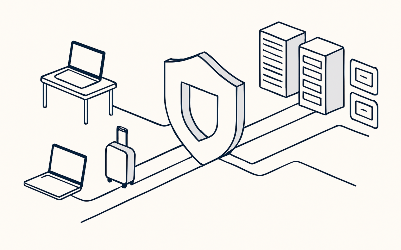 Remote employee connecting through an encrypted VPN tunnel to private company resources