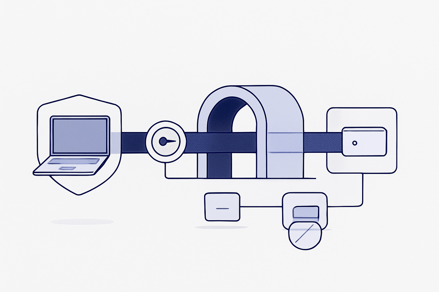 Layered security controls around a remote access VPN including MFA, patched devices, restricted routes, and revocation
