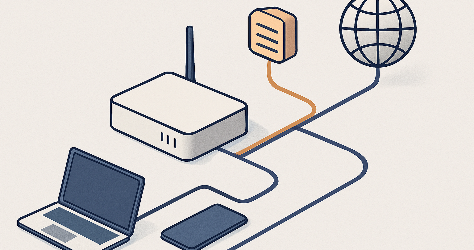 Laptop and phone routes shown through a router and VPN server to illustrate public and local IP addresses
