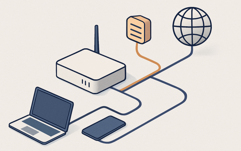 Laptop and phone routes shown through a router and VPN server to illustrate public and local IP addresses