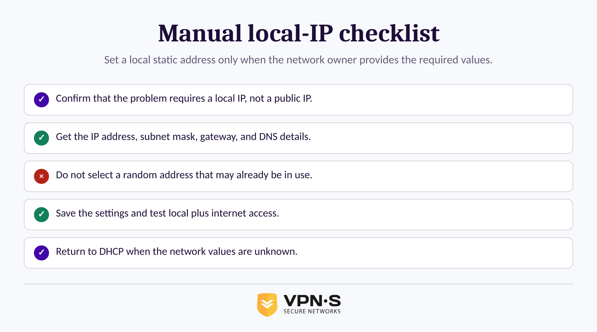 Checklist for safely setting a manual local IP address with network values and DHCP fallback