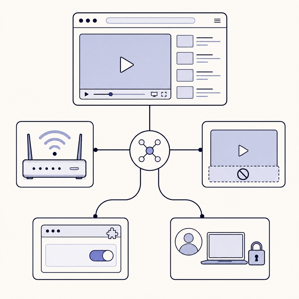 Decision path separating YouTube network, browser, account, and video restrictions.