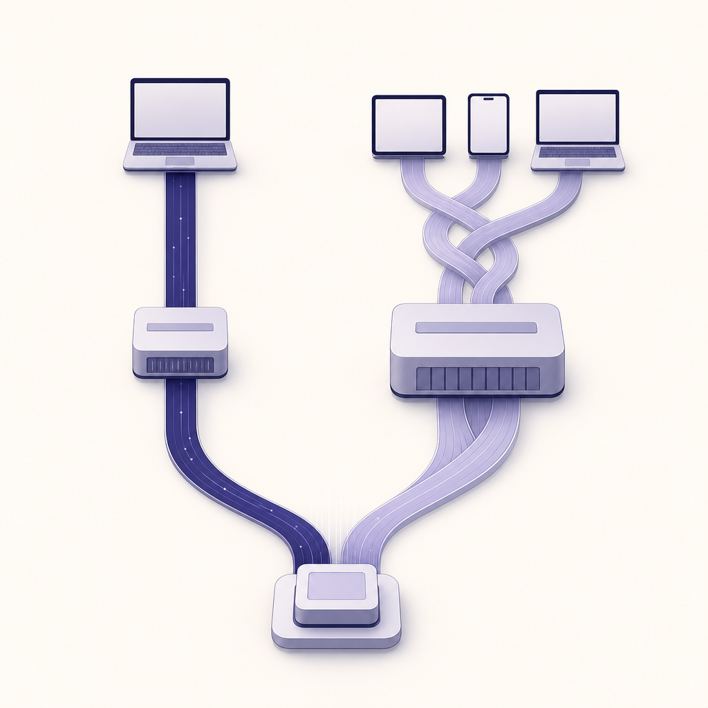 A clear fixed network route beside a wider shared route used by many devices