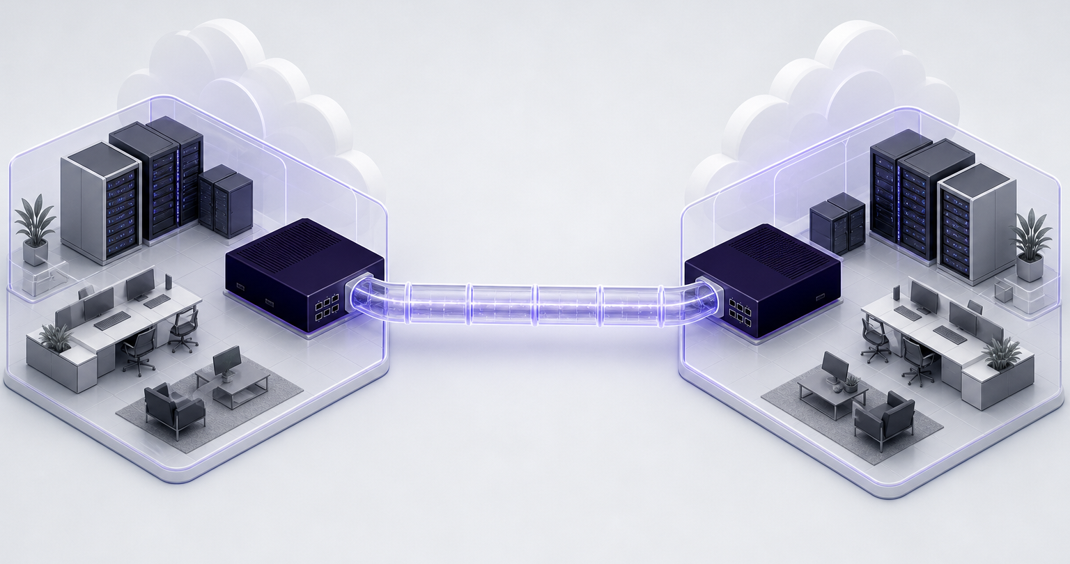 Two private business networks connected through secure gateway-to-gateway VPN tunnel