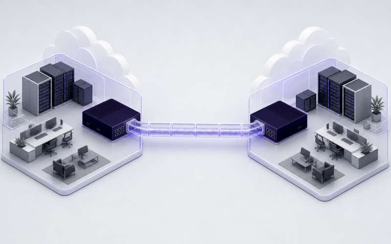 Two private business networks connected through secure gateway-to-gateway VPN tunnel