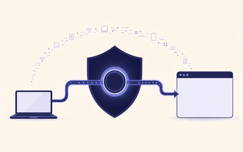 Laptop traffic routed through a secure tunnel to a remote server before reaching a website