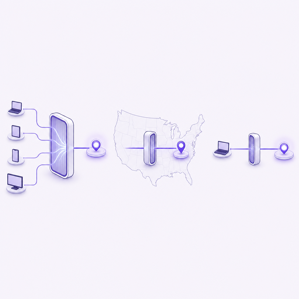 Three US VPN connection needs shown as shared, location-specific, and dedicated routes