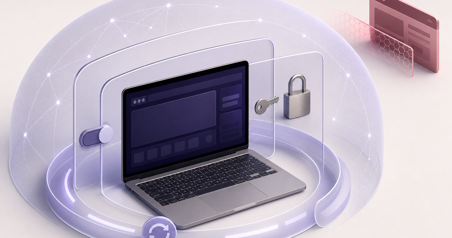 Laptop browser protected by layered shields for updates, phishing, privacy, and network security