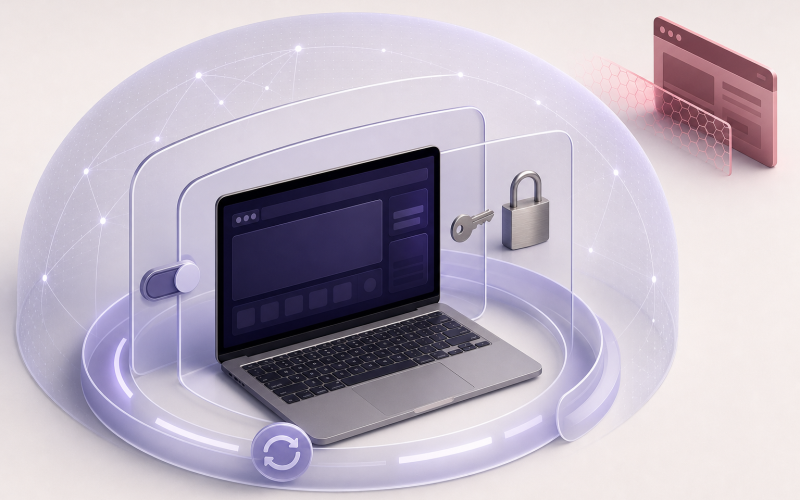 Laptop browser protected by layered shields for updates, phishing, privacy, and network security