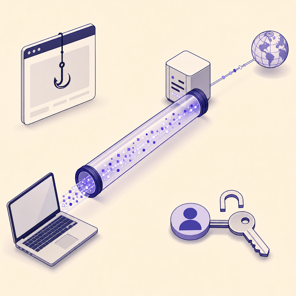 Encrypted VPN tunnel from a laptop to a server, with phishing and account risks shown outside the tunnel