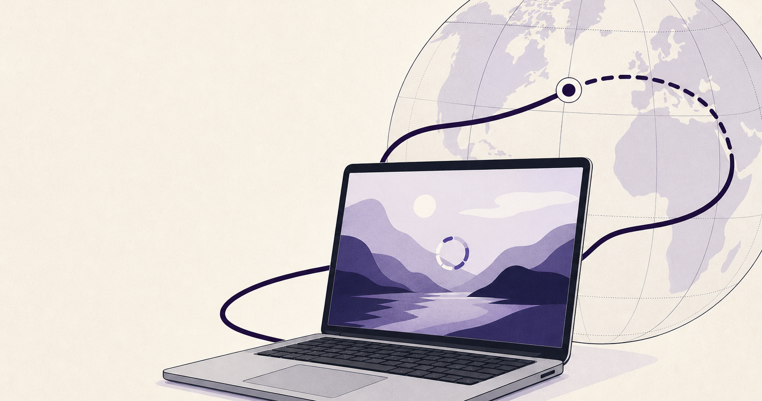 Laptop streaming video beside a shield representing private VPN protection