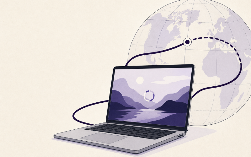 Laptop streaming video beside a shield representing private VPN protection
