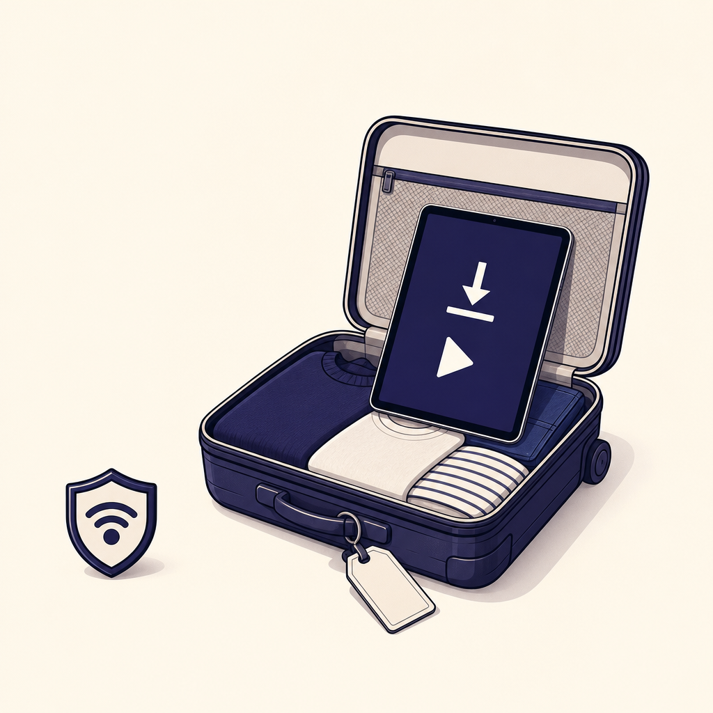 Traveler watching downloaded video content on a tablet beside a suitcase and secure Wi-Fi symbol