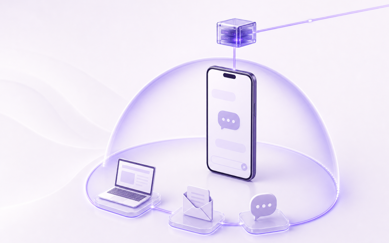 Phone connecting to Telegram through a proxy server, with a separate VPN tunnel shown for full-device protection