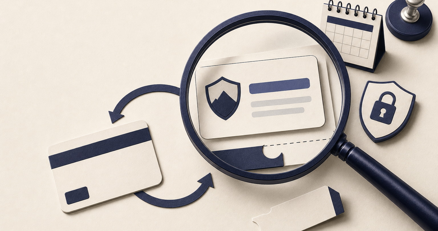 A person comparing VPN trial terms on a laptop beside a calendar, payment card, and privacy document