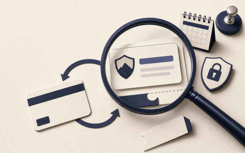 A person comparing VPN trial terms on a laptop beside a calendar, payment card, and privacy document