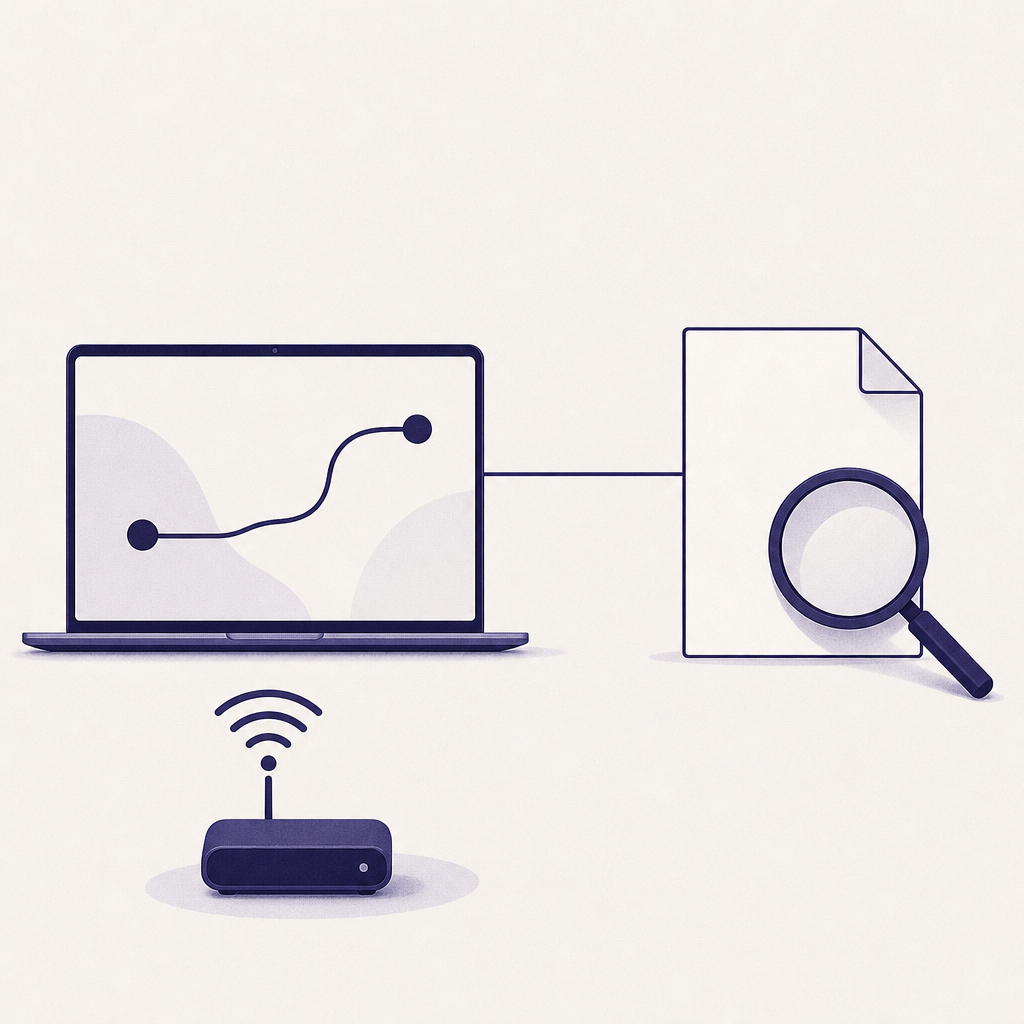 Portátil y móvil conectados a una VPN con un escudo, una ruta de red, un documento de política de privacidad y una lista de comprobación de pruebas
