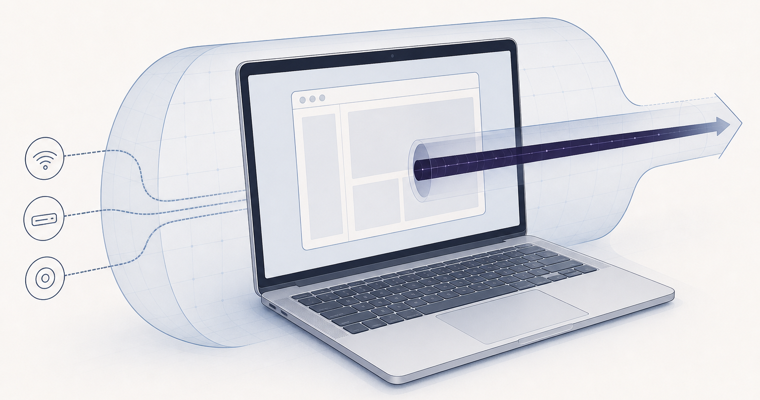 Firefox browser proxy routing contrasted with a full VPN tunnel protecting a laptop and multiple applications