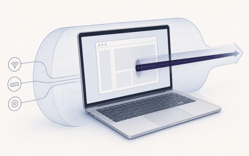 Firefox browser proxy routing contrasted with a full VPN tunnel protecting a laptop and multiple applications