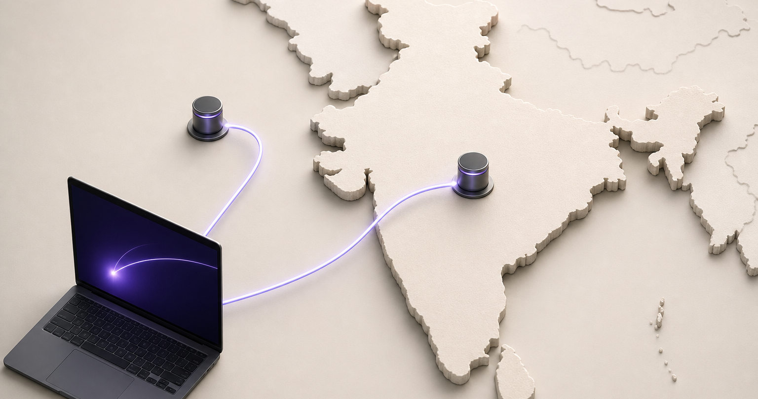A laptop, phone, and tablet connected through a secure route to India and nearby server locations