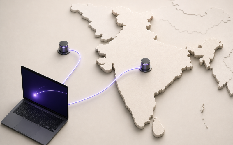 A laptop, phone, and tablet connected through a secure route to India and nearby server locations
