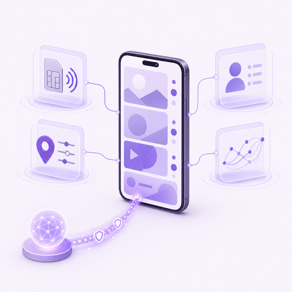 Teléfono rodeado de señales de dirección IP, tarjeta SIM, ajustes del dispositivo, ubicación y actividad de la cuenta